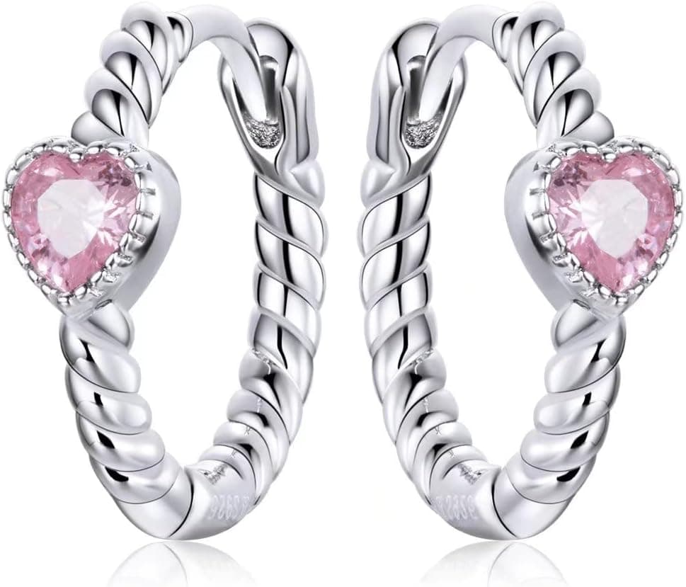 Qings Brincos de argola de prata de lei 925 em forma de coração rosa e preto, pequenos brincos de corte de zircónia cúbica, jóias de presente para mulheres e meninas, prata de lei, zircónia cúbica,