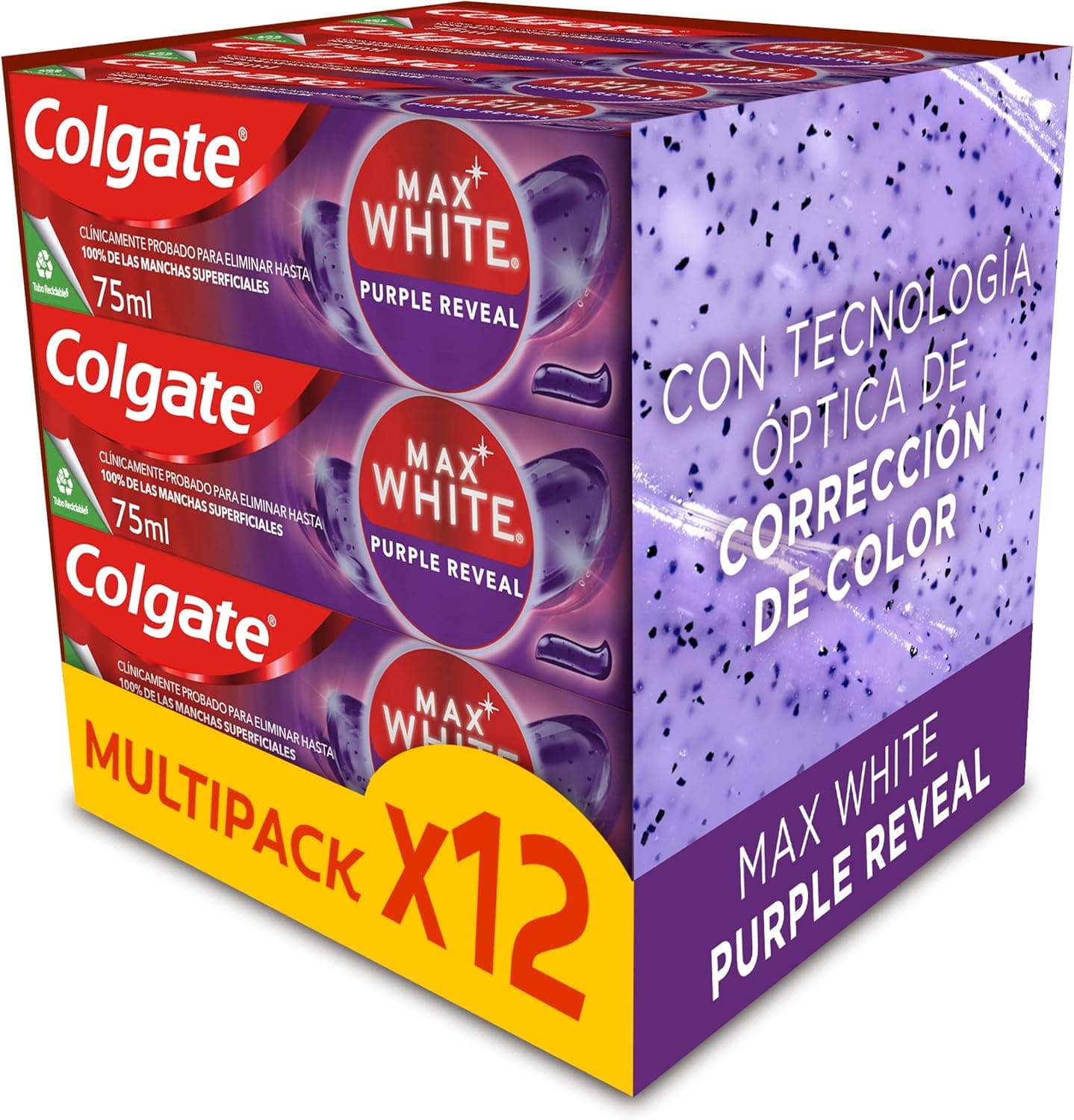 Colgate Max White Purple Reveal | Pasta de dentes branqueadora com tecnologia corretora de cor, 12 unidades de 75 ml
