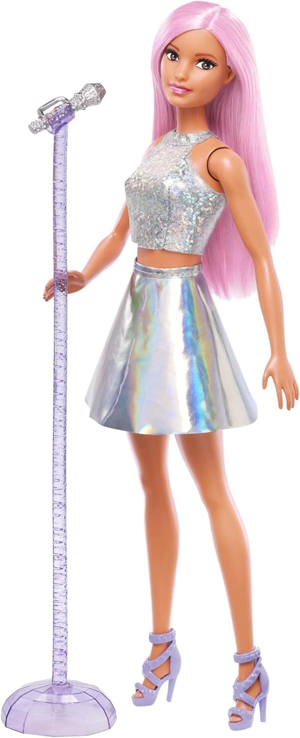 Barbie Pode ser boneca morena cantora estrela pop, com vestido iridescente, guitarra e acessórios musicais, brinquedo profissões + 3 anos (JCW42)