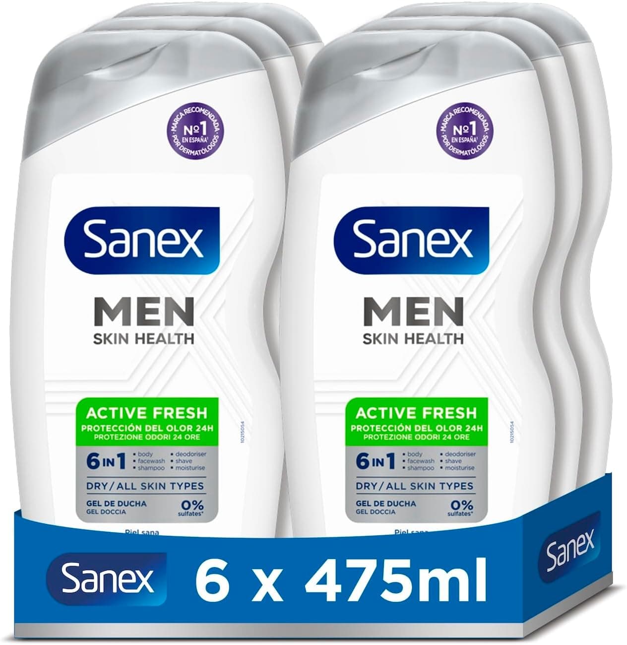 Sanex Men Skin Health Active Fresh | Gel de duche 6 em 1 para pele seca em pack de 6 x 475 ml