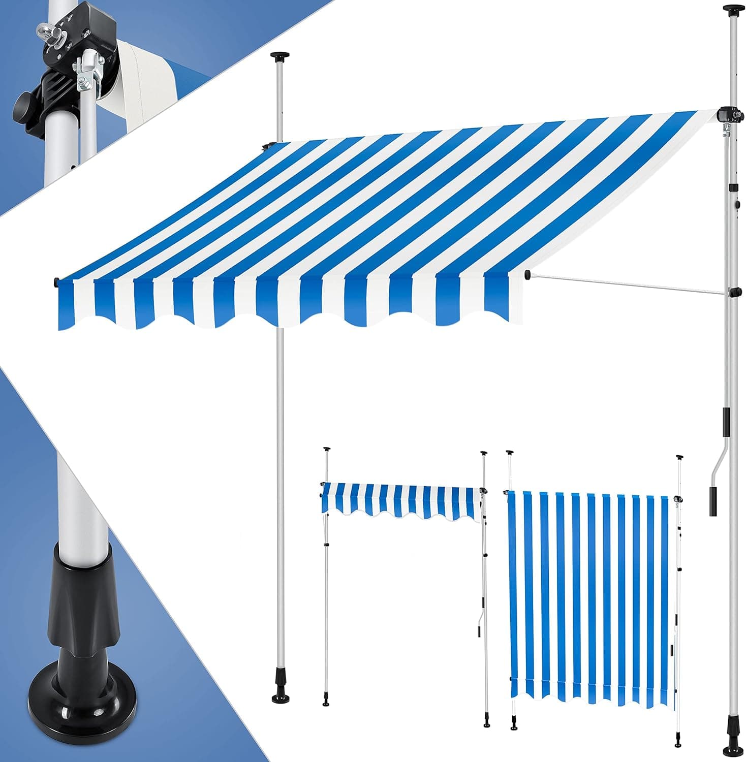 KESSER Balcony Awning | Toldo de varanda ajustável resistente a UV e água com manivela, 350 cm azul e branco