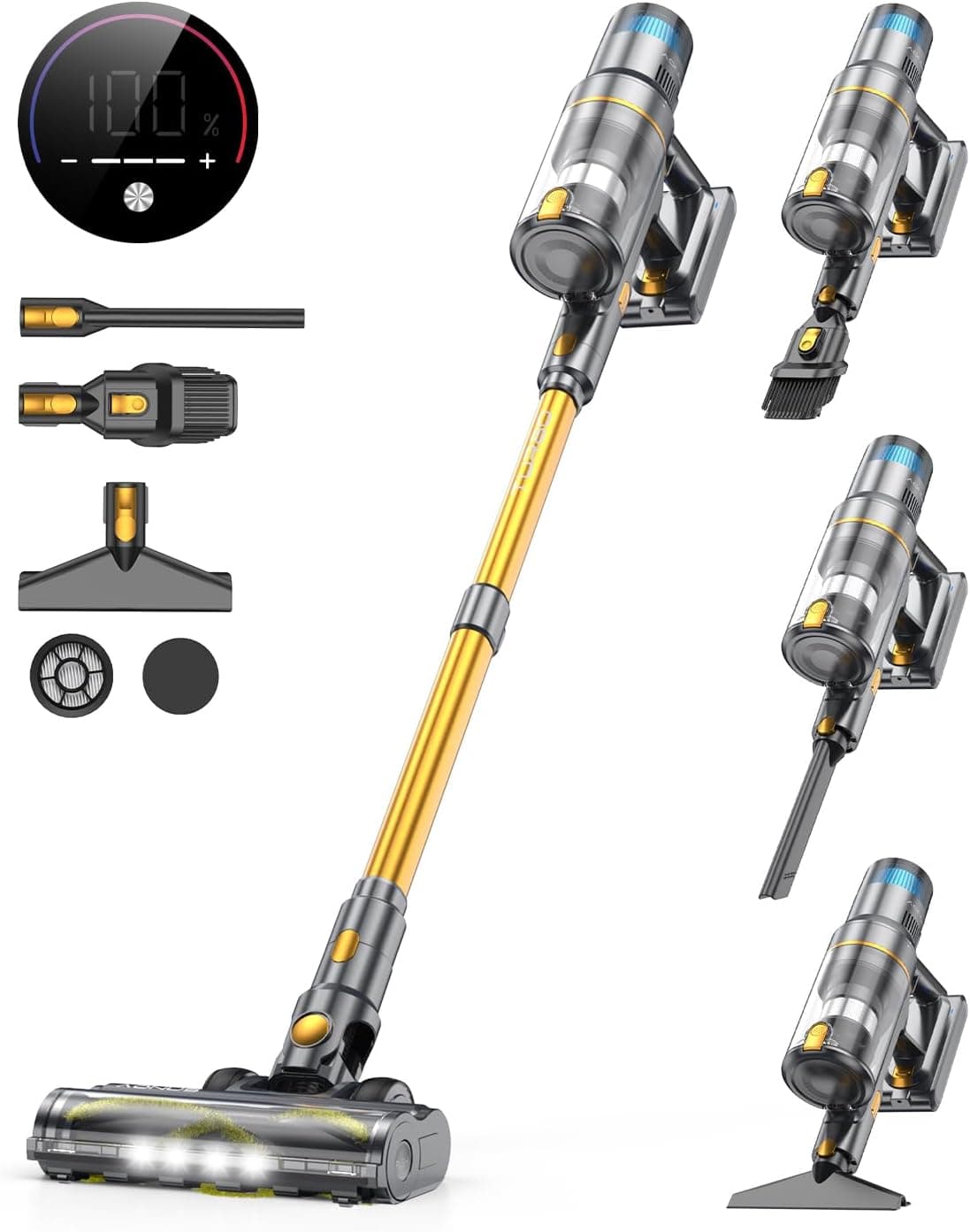 aonus A9S 45KPa/580W/70 Mins Aspirador sem cabos, aspirador vertical com ecrã tátil LED, modo automático, carregamento na parede, 3 acessórios para pisos/tapetes / pêlos de animais