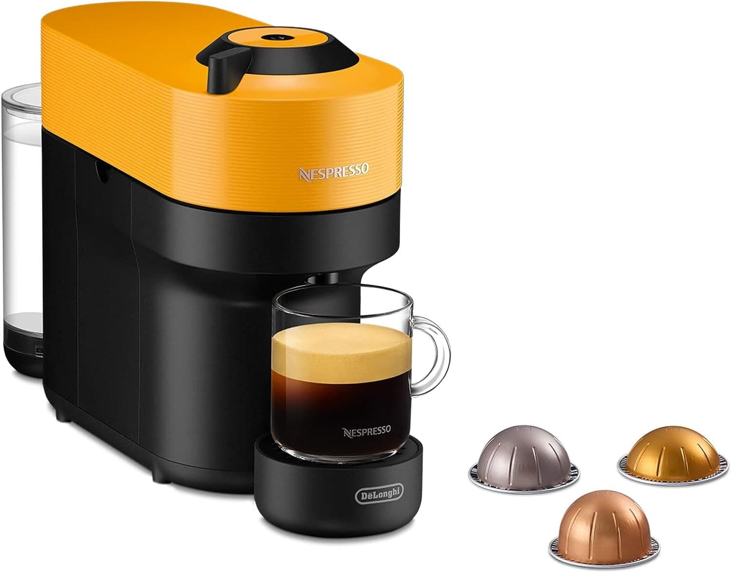 Nespresso De'LSJFS Vertuo Pop ENV90.Y, máquina de café automática, máquina de café de cápsulas, 4 tamanhos de caneca, tecnologia de centrifugação, conjunto de boas-vindas incluído, manga amarela