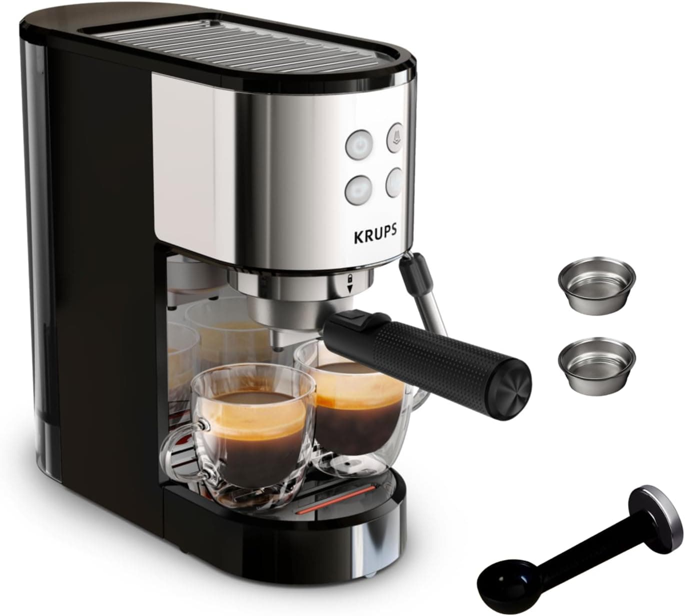Krups Virtuoso essencial - Cafeteira expresso de 15 bar, aço inoxidável preto, design compacto e elegante, paragem automática, expresso e cappuccino, Thermoblock, de vapor, inclui colher, XP4418