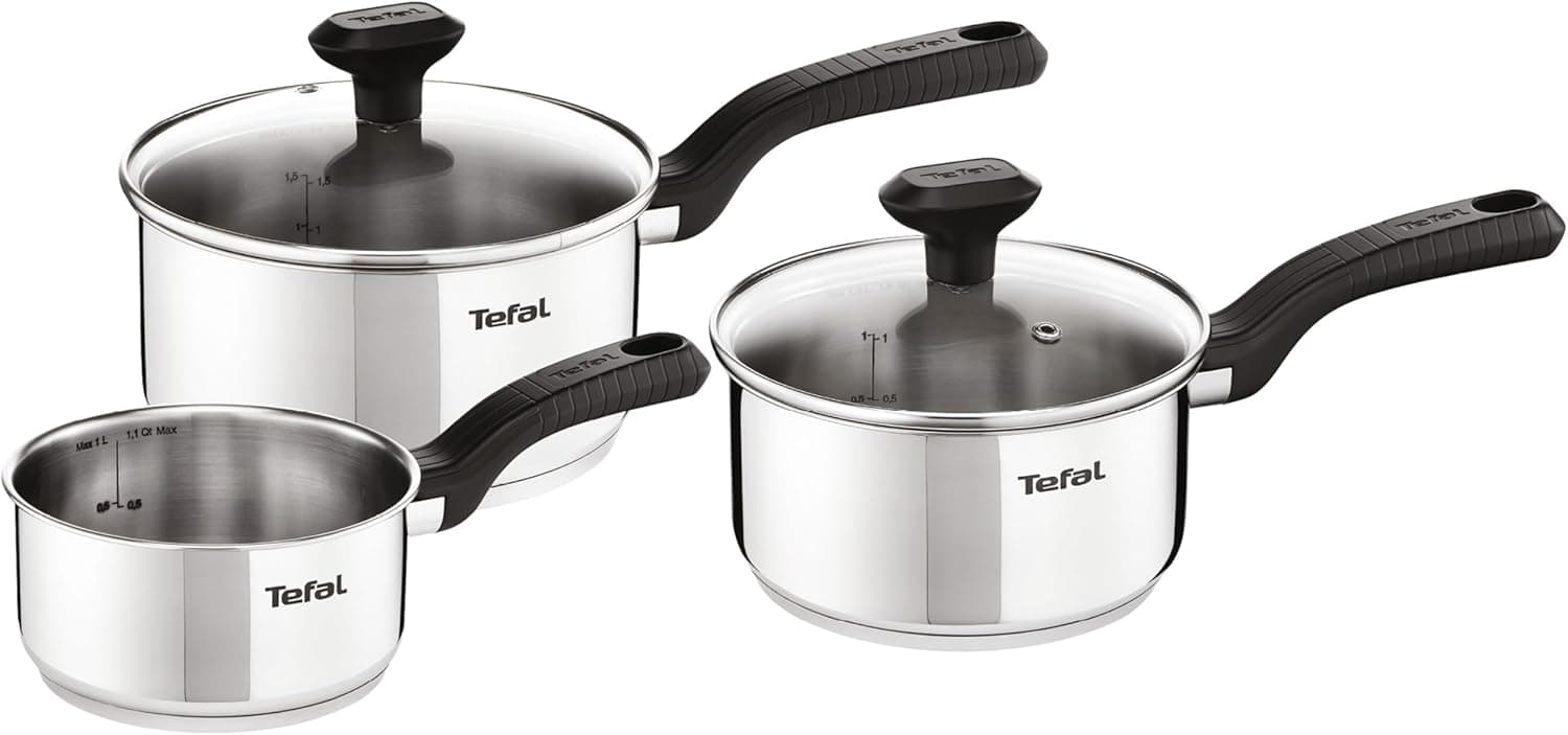 Tefal Comfort Max Conjunto de 5 peças antiaderente, aço inoxidável 18/10, Thermo-Spot, base espessa, cozido homogéneo, cabo ergonómico fresco, saltea, receitas asiáticas, adequado para todas as