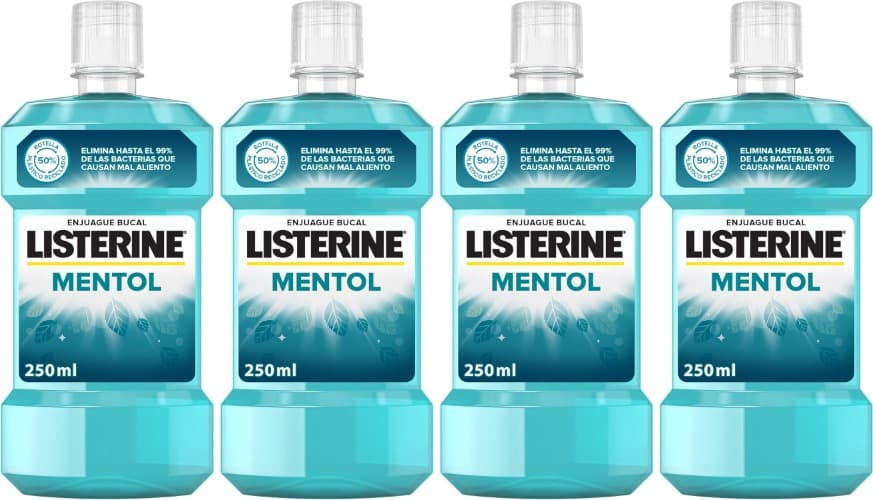 Listerine Mentol | Elixir bucal com flúor para proteção das gengivas e hálito fresco, 250 ml x 4