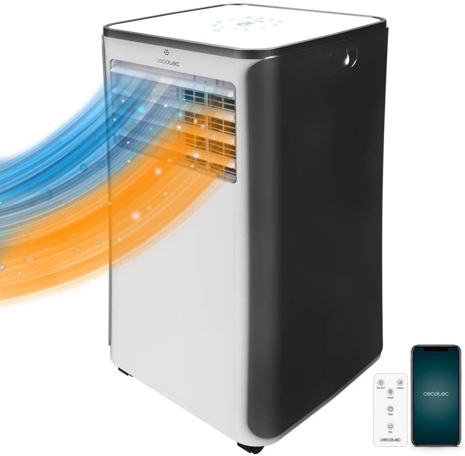 Cecotec Ar condicionado portátil com controlo remoto, Wi-fi e bomba de calor ForceClima 9500 Soundless Heating Connected. 9000 BTU, ecrã LED, 5 modos, cobertura 25 m2