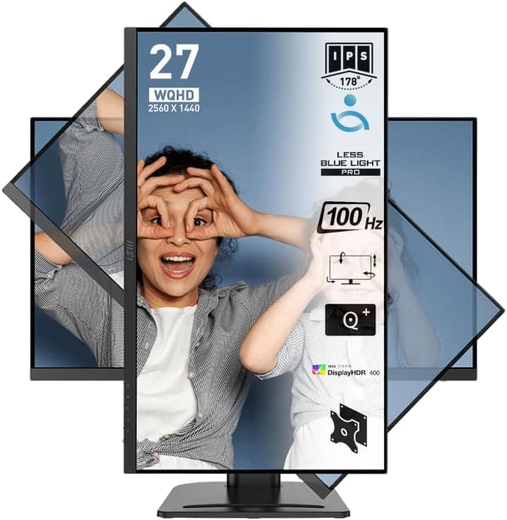 MSI Pro MP273QP E2 Monitor profissional WQHD de 27", painel IPS 2560 x 1440, 100Hz, 4MSI Pro MP273QP E2, painel IPS 2560 x 1440, 100 Hz, 400 nits, antirreflexo, Altifalantes I Integrados, preto