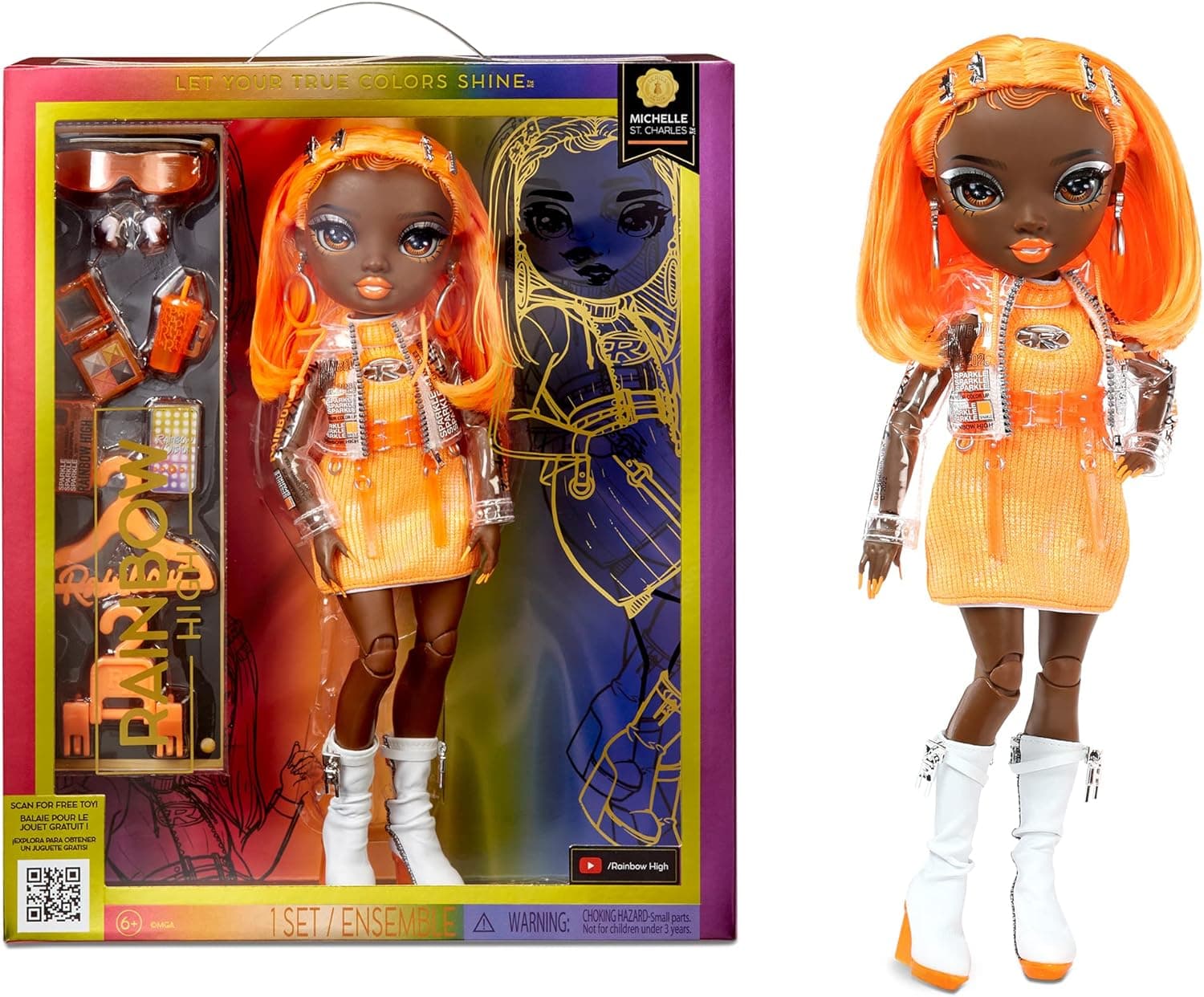 RAINBOW HIGH Fashion Doll - Michelle ST.Charles - boneca laranja, visual na moda e 10+ acessórios de jogos coloridos - para colecionadores e crianças dos 4 aos 12 anos