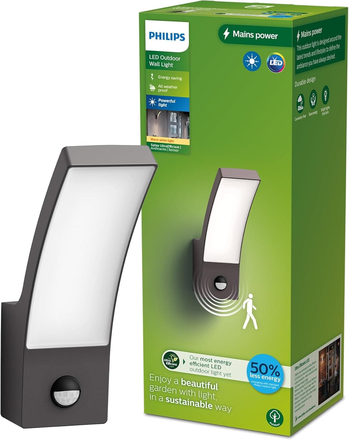 Philips lighting - Aplique parede exterior ultra eficiente Splay, 3,8 W 2700 K, antracite, com sensor de movimento, resistente a intempéries IP44