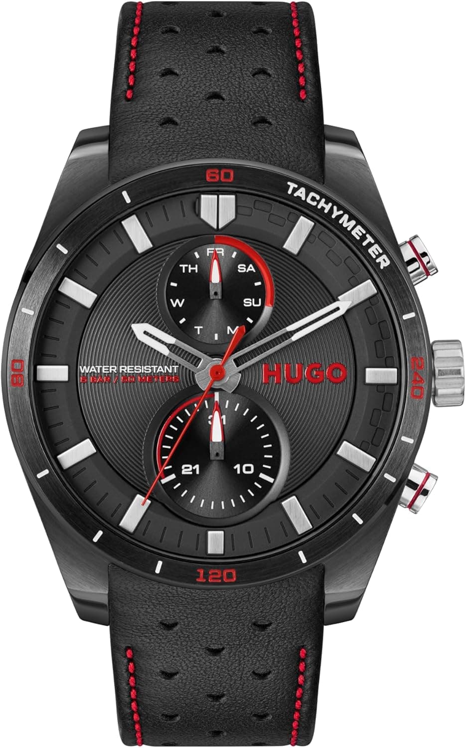 Relógio analógico multifuncional masculino HUGO de quartzo #Fast Collection com pulseira de couro e aço inoxidável