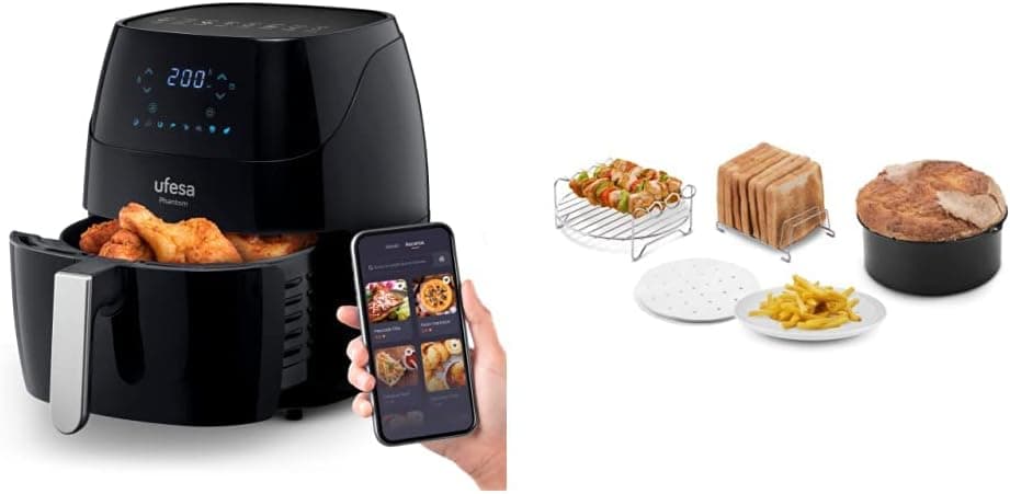Ufesa AF5000 Phantom Fritadeira de ar sem óleo com WIFI, 5 L, controlo táctil digital, 8 programas, 1500 W, APP com receitário ou Ufesa Pack 4 acessórios para fritadeira de ar sem óleo