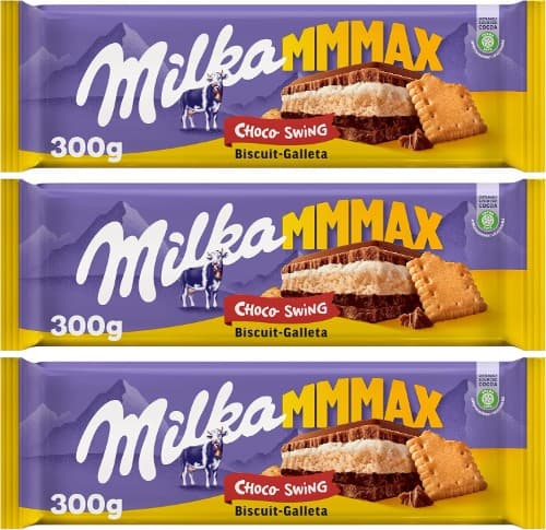Milka MMMAX Choco Swing tablet grande de chocolate com leite dos alpes com bolacha, enchimento de creme de leite e creme de cacau 300 g x 3