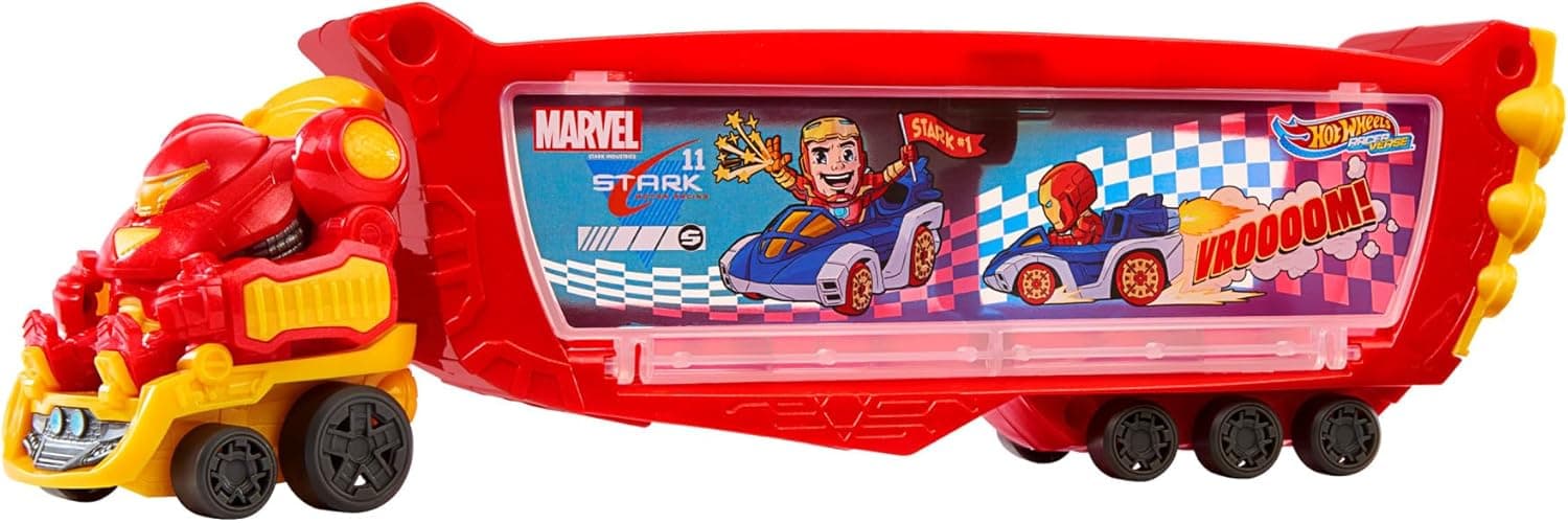 Hot Wheels Racerverse Camião Hulkbuster para transportar carros de brinquedo com Tony Stark, inspirado nos filmes da Marvel, brinquedo +3 anos (Mattel HRY02)