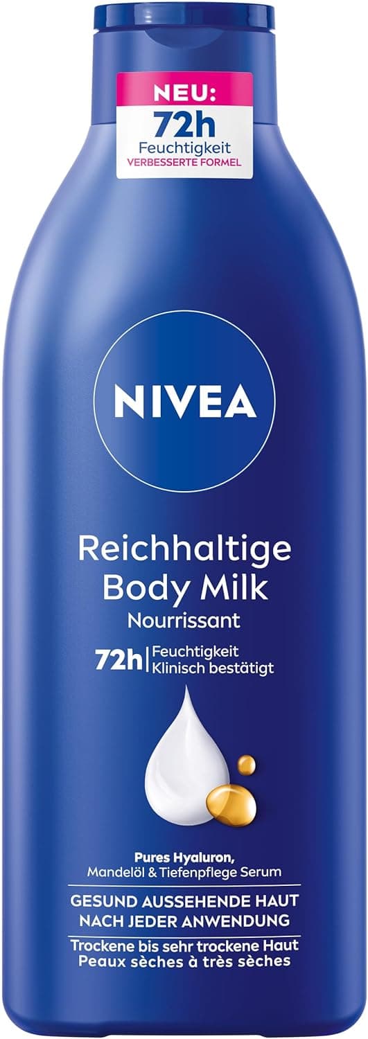 NIVEA Rich Body Milk | Loção corporal nutritiva com ácido hialurónico e óleo de amêndoas para pele seca 400 ml