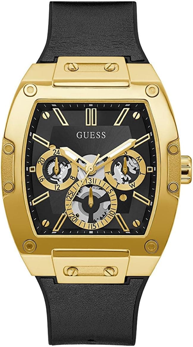 Guess US Men's Black and Gold-Tone Square Multifunction Watch, One Multicoloured