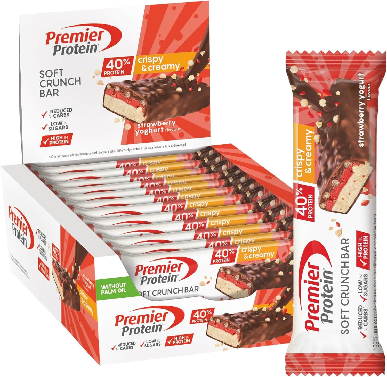 Premier Protein Soft Crunch Bar 40% Protein Strawberry Yogurt 12 x 40 g - baixo em açúcar + baixo em carboidratos + sem óleo de palma