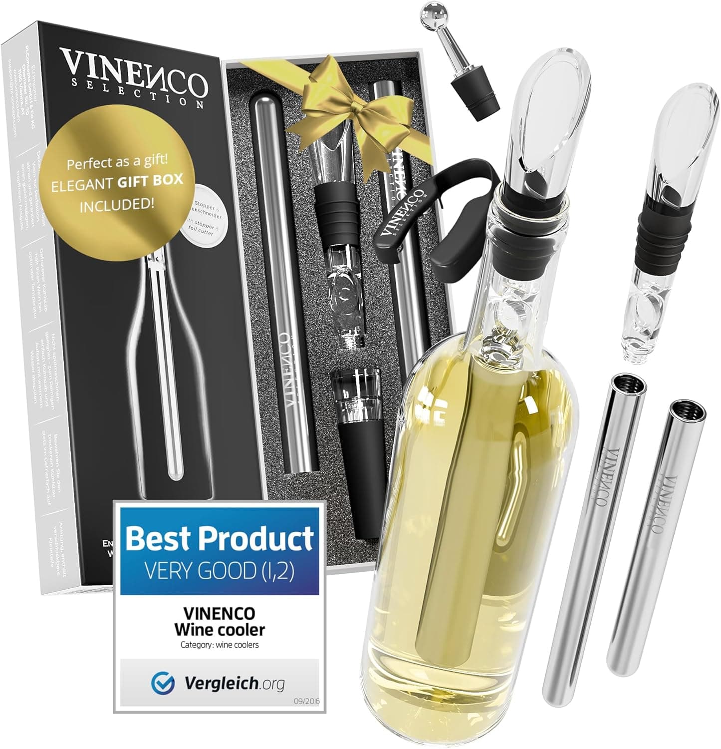 Refrigerador de garrafas de vinho branco, 3 em 1 Kit: Conjunto de refrigeração (aço) de qualidade tampa - Decantador ar ar | Acessórios Bar, ideia presente mulher homem aniversário festa amigo Barman
