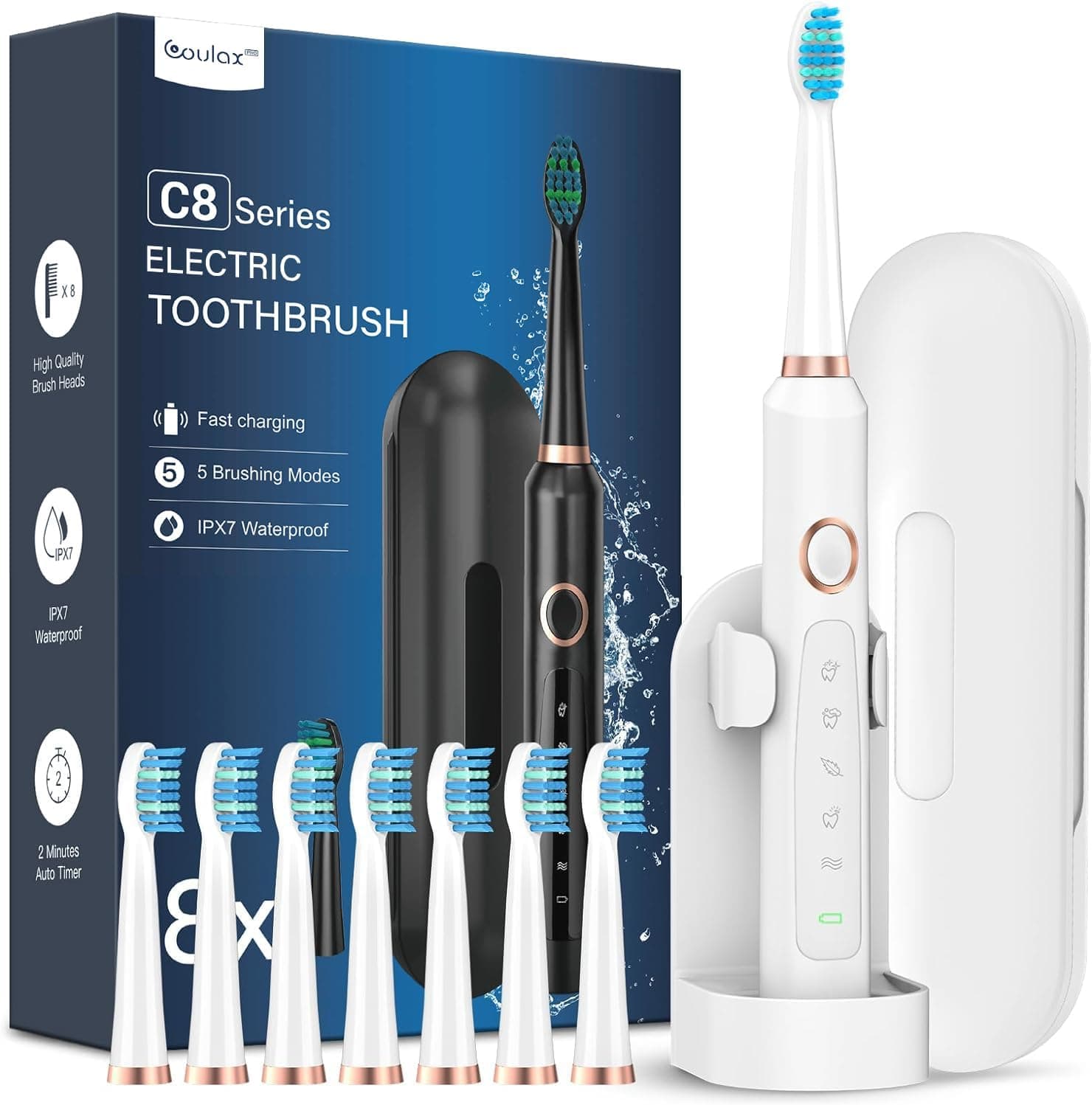 Escovas de dentes elétricas sónico para adultos com 8 cabeças, escova elétrica com estojo, 5 modos e IPX7, escovas de dentes elétricas ultrassónicas para mulheres e homens, branco brilhante