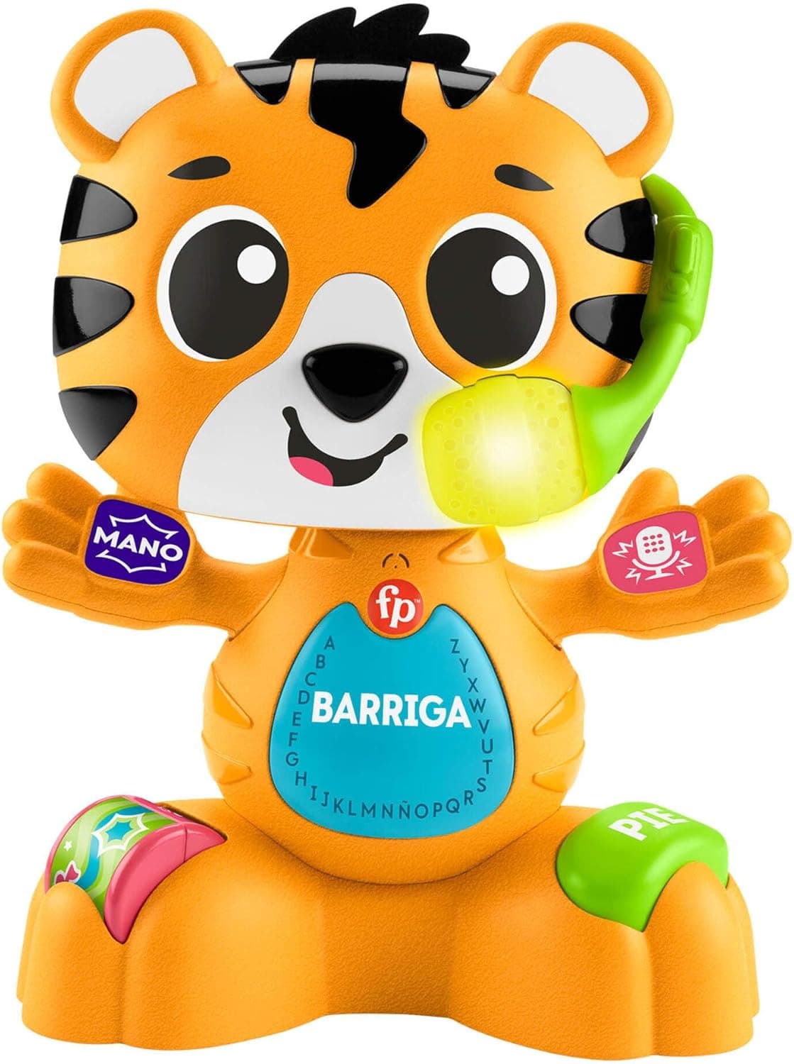 Fisher-Price Brinquedo educativo musical Tin el tigre de banda animal, com luzes, sons e gravação de vozes, versão em espanhol português italiano + inglês, para bebés +9 meses (HYK91)