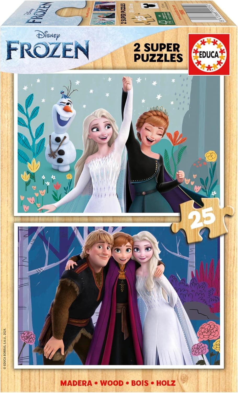 Educa - Frozen Conjunto de 2 puzzles infantis de madeira com 25 peças cada. Medidas: 26 x 18 cm. Recomendado a partir de 4 anos (19959)