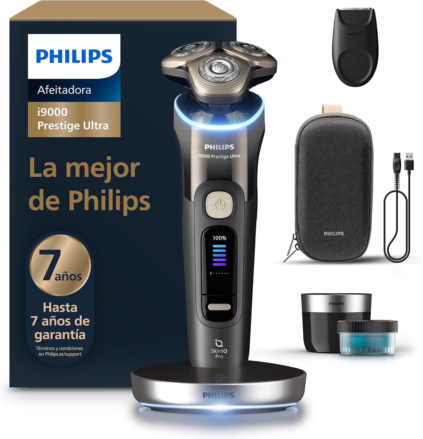 Philips i9000 Prestige Ultra | Máquina de barbear elétrica para homem com uso a seco e molhado, tecnologia SkinIQ Pro, base de carregamento e estojo, inclui centro de limpeza