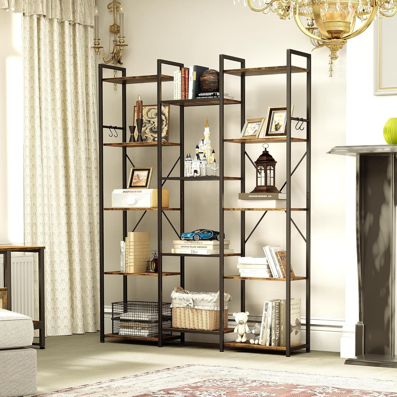 YITAHOME Prateleira, livraria alta de pé para livros com 14 prateleiras e ganchos, prateleira de armazenamento com estrutura de metal estável, para sala de estar, escritório em casa, castanho rústico