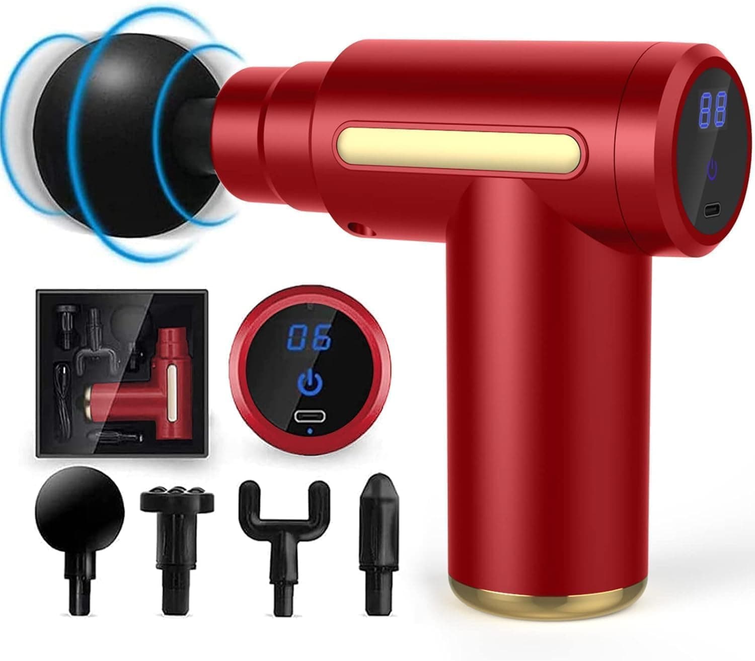 SHAVINGFUN Pistola de massagem muscular, massajador de músculos de tecido profundo, 6 velocidades, 4 cabeças de massagem, ecrã tátil LED, carga tipo Cpara, para relaxamento recuperação fadiga