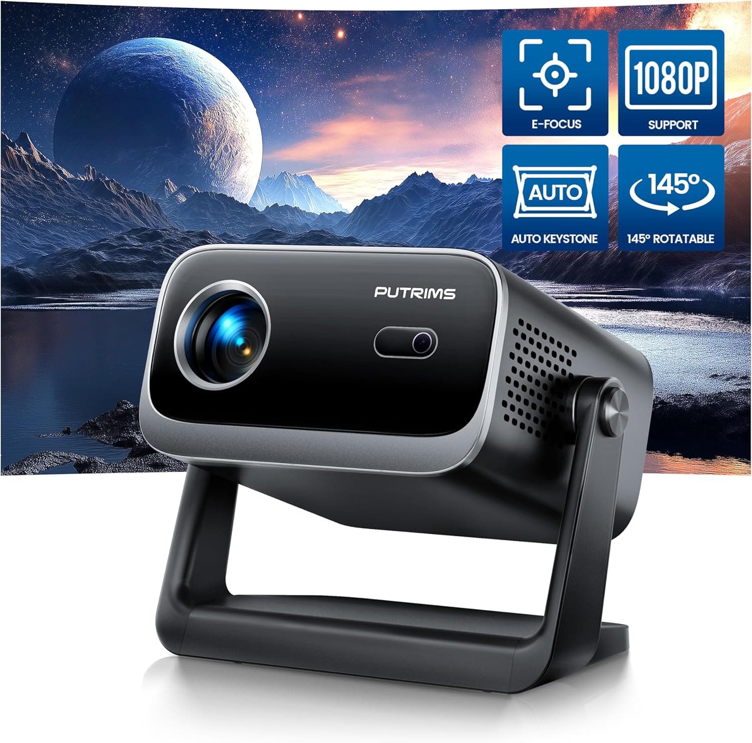 Projetor 【Auto Keystone & Focus elétrico】WiFi Bluetooth projetor portátil Full HD 1080P suporte 4K, 145° girar mini projetor Handy PUTRIMS S28 Zoom 50% pó selado ao ar livre/cinema Em casa