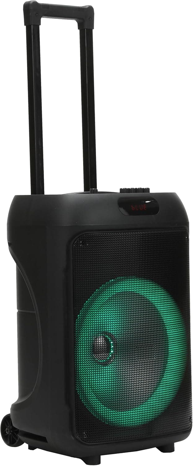 Majestic Fire T10 - Trolley Wireless Audio 5.2, luzes LED, entradas USB/MicroSD/AUX/Mic/guitarra, microfone, controlo remoto, bateria recarregável, função TWS, pega e rodas de transporte