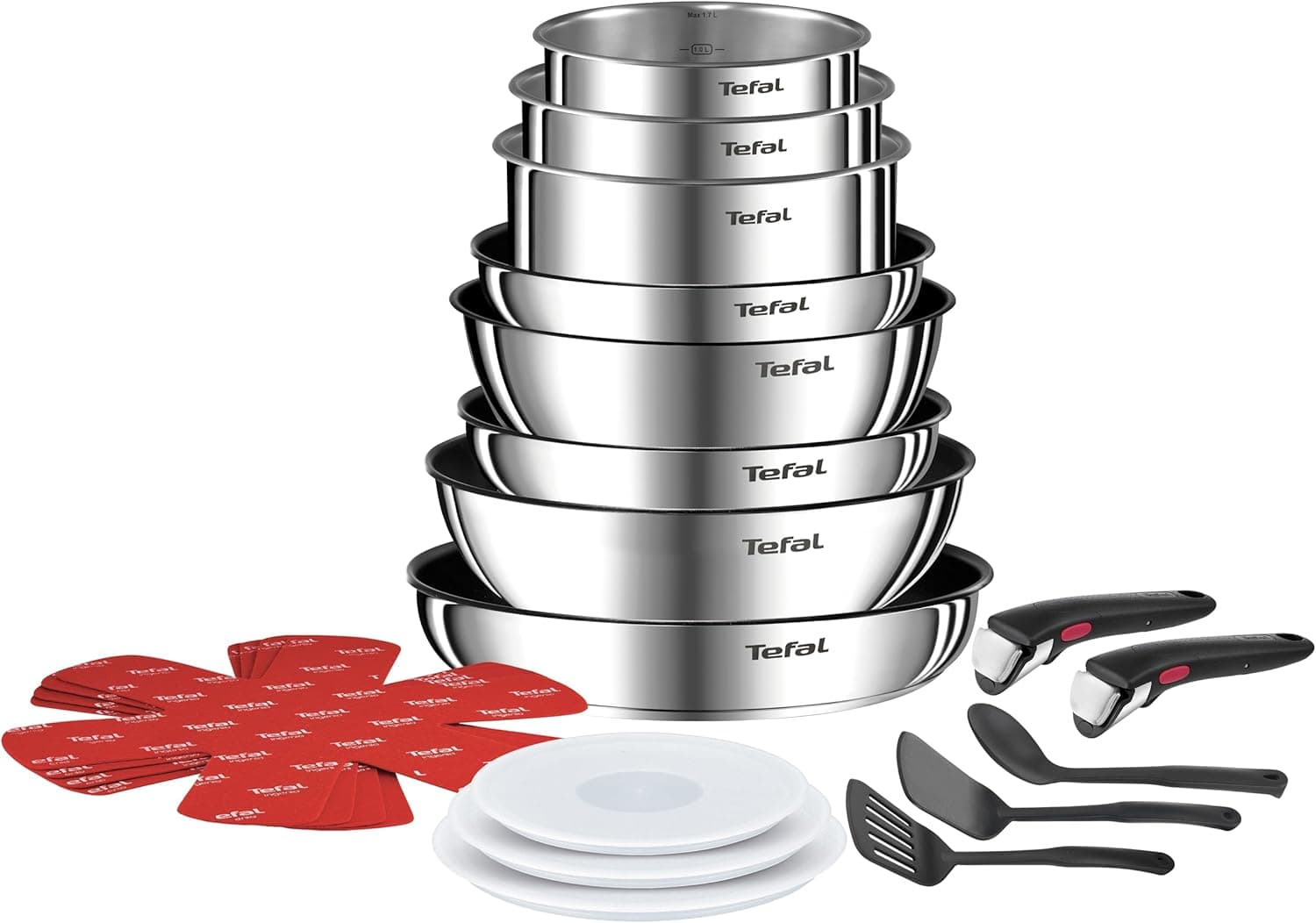 Ingenio Emotion de Tefal, conjunto de 20 peças de aço inoxidável, inclui alças removíveis, revestimento antiaderente, empilhável, indução, L897SK04