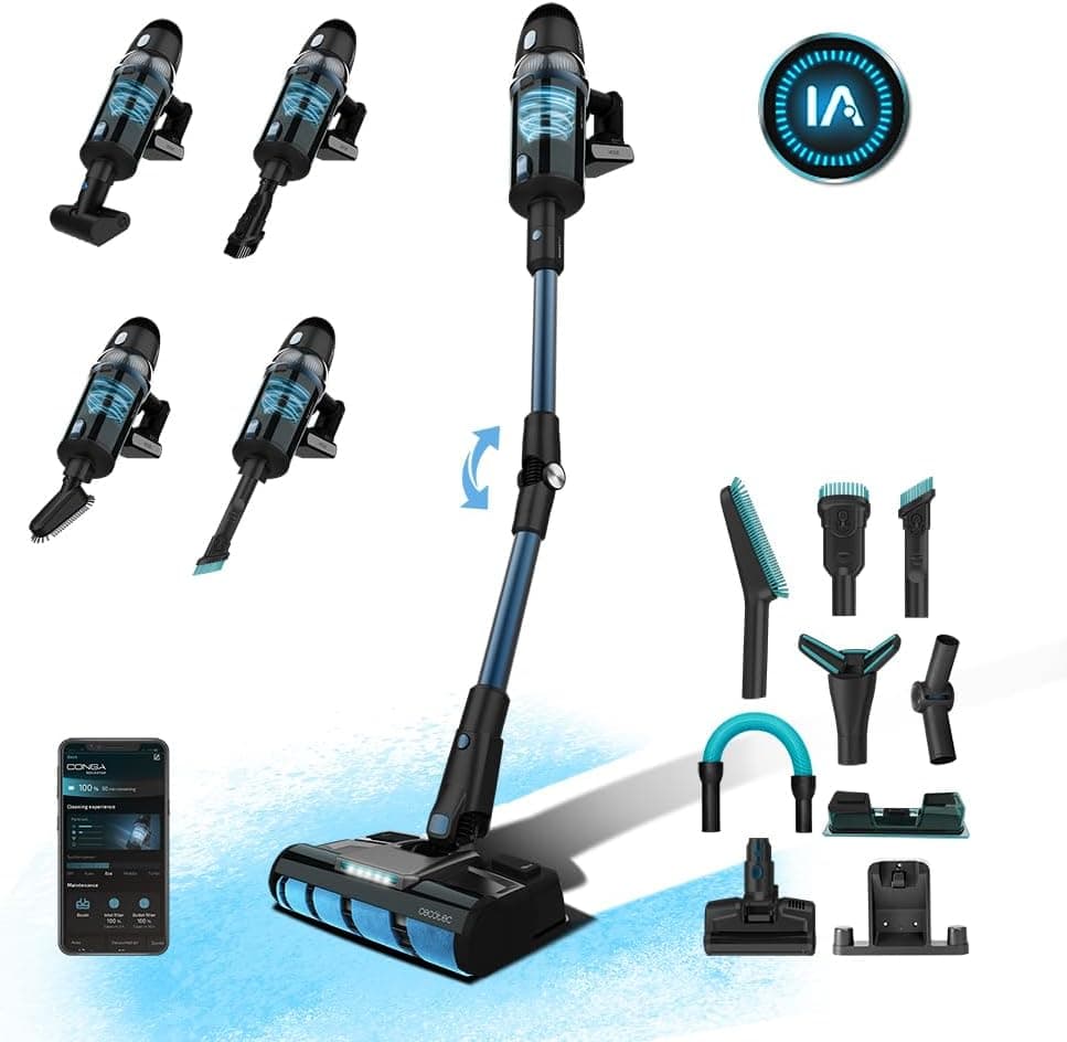 Cecotec Aspirador vassoura Conga Rockstar 9500 Connected Ergowet 3000 IA. 230 W, Inteligência artificial, App móvel, Autonomia de 90 cm, ecrã digital, sem cabo, filtro duplo, acessórios, 4 programas