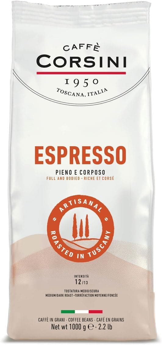 Caffè Corsini Café em grão de 1 kg expresso, mistura clássica de arábica e robusta, torrado meio escuro, café corpo intenso com aroma completo, origem da América do Sul e África
