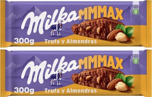 Milka MMMAX Comprimido grande de chocolate com leite dos alpes com pedaços de amêndoas, trufa e enchimento cremoso de amêndoas e cacau 300 g x 2