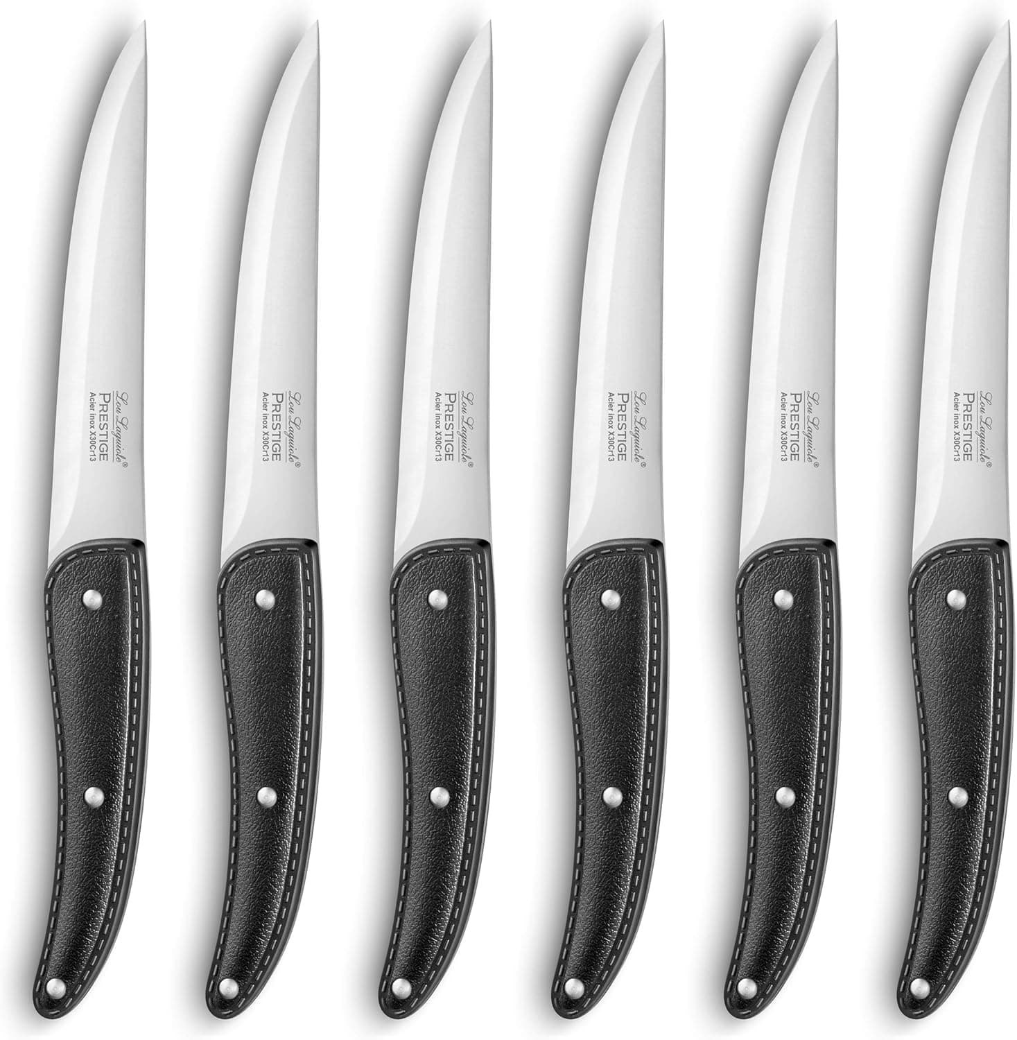 Lou Laguiole 868000MB02BP7 Prestige Conjunto de 6 facas de carne (lâmina lisa, aço inoxidável/cabo efeito pele, 27,5 x 20 x 3 cm), cor preta