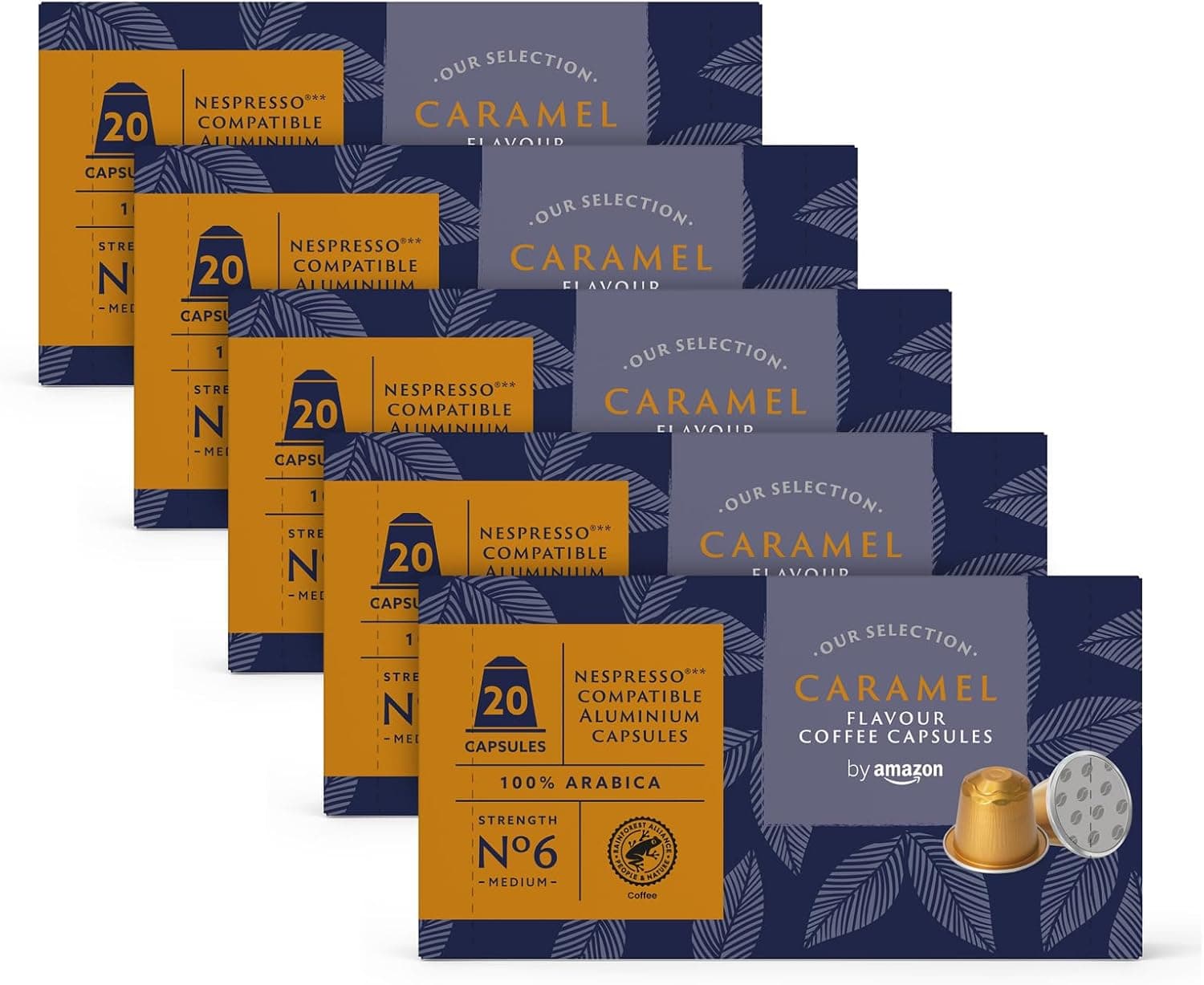 by Amazon Café caramelo, cápsulas de alumínio compatíveis com nespresso so, 100 unidades (5 embalagens de 20) - certificado Rainforest Alliance