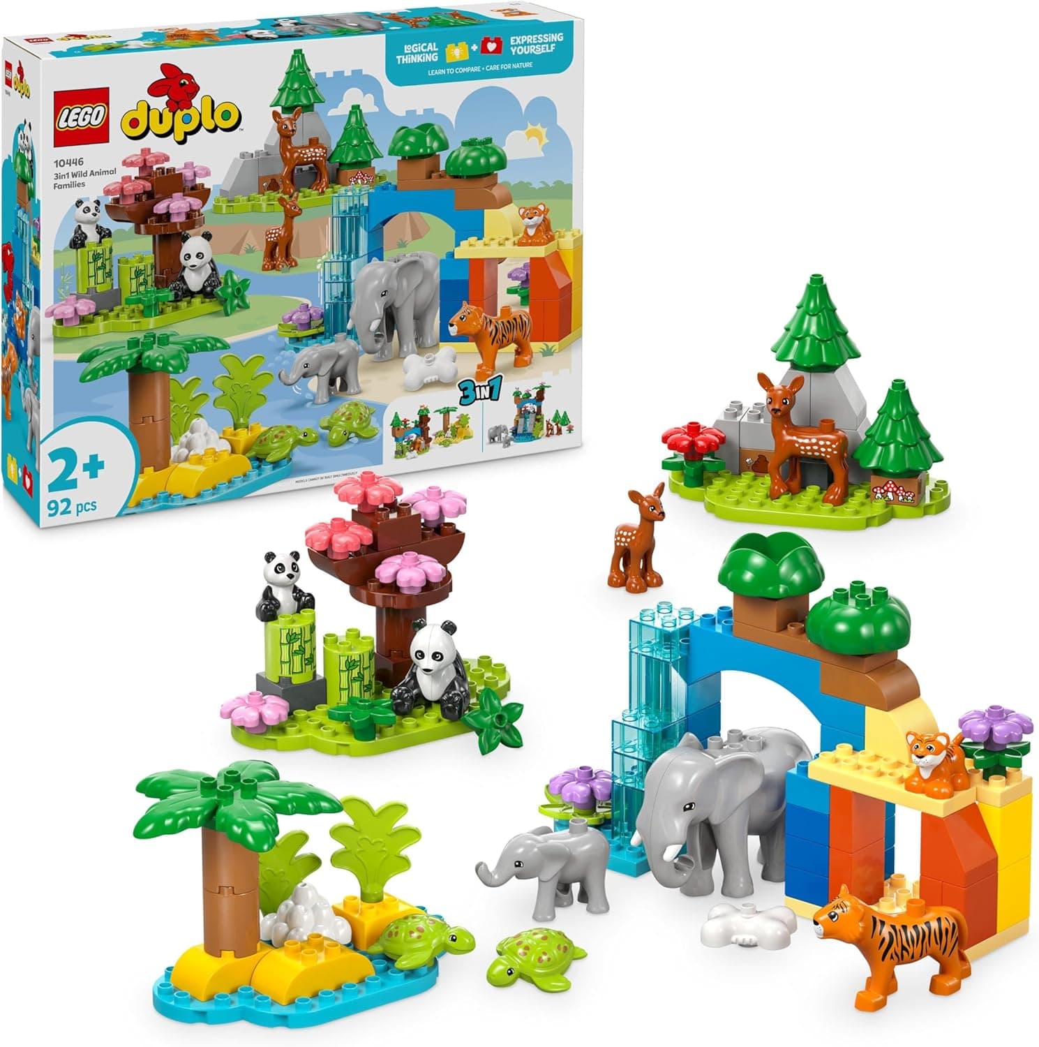 LEGO Duplo minha cidade famílias da fauna selvagem "3 em 1" jogo educativo para meninos e meninas de 2 anos, animais selvagens de brinquedo, figuras de elefantes, tartarugas, tigre, veados e pandas