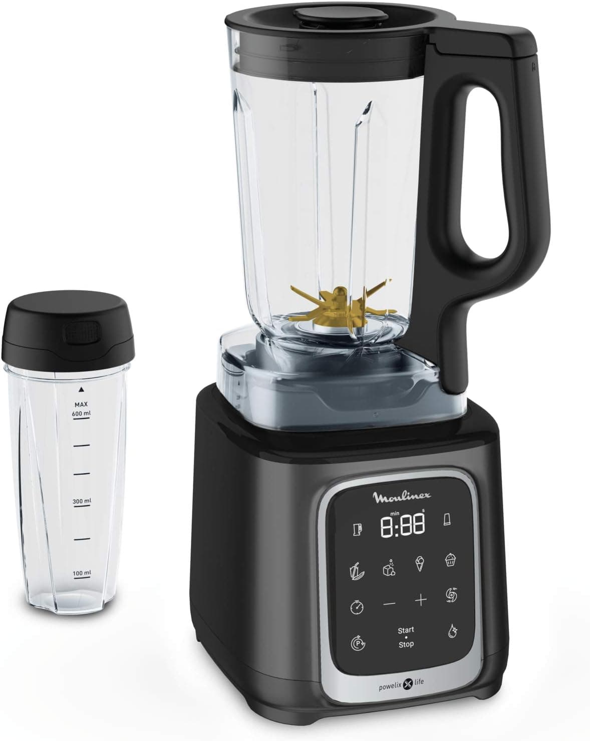 Moulinex InfinyMix LM91HD Liquidificadora de 1600 W, batedeira smoothie 5 programas manual, 1,75 L garrafa portátil de Tritan 600 ml, livro 50 receitas, smoothies, gelados, picar gelo, sem BPA