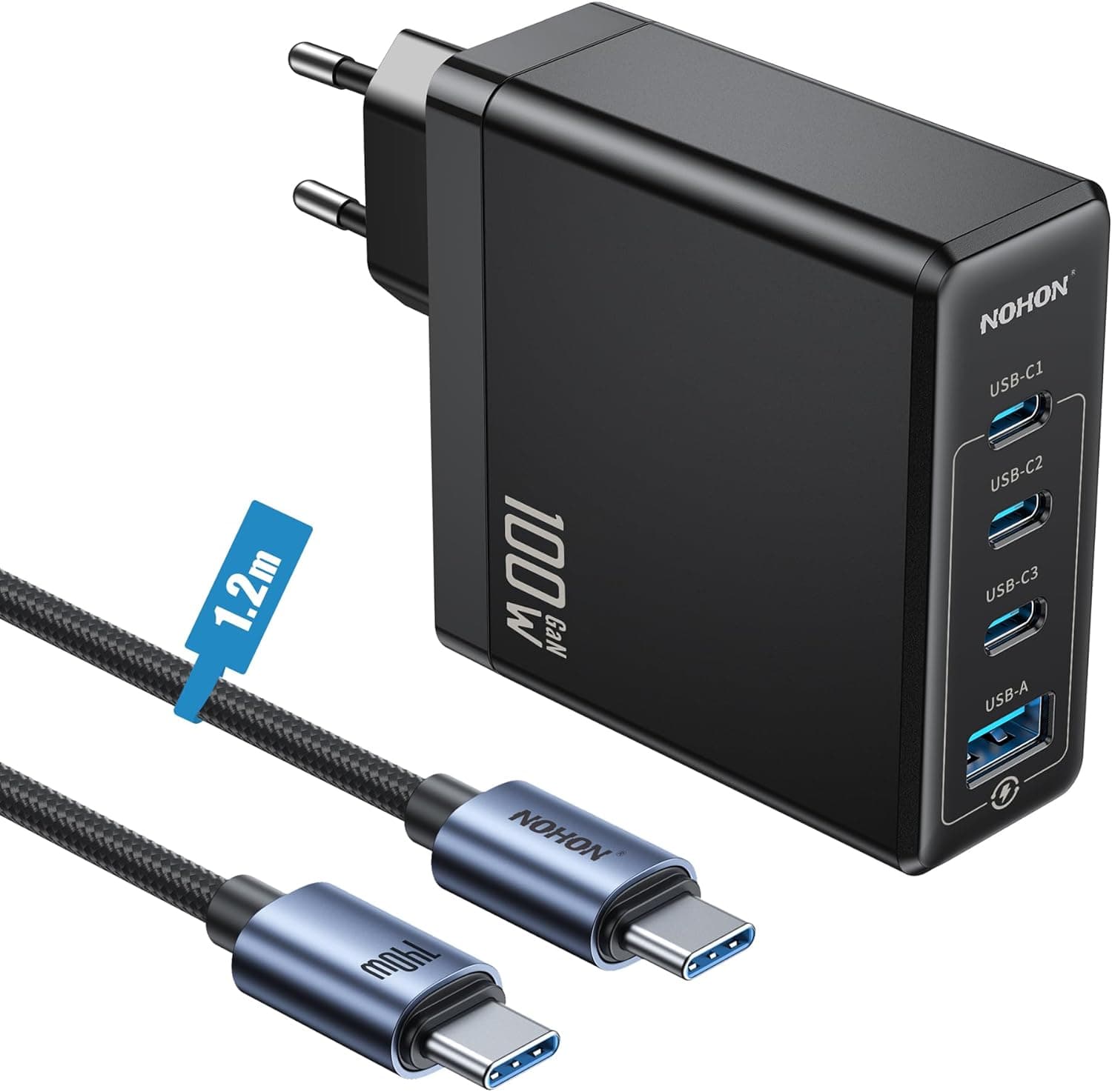 NOHON USB C rápido carregador: 100 W PD 3.0 GAN fonte de alimentação com cabo tipo C carregamento rápido 140 W 1,2 M | PPS 4 portas compatível com iPhone 12 13 14 15 MacBook iPad Laptop Galaxy 