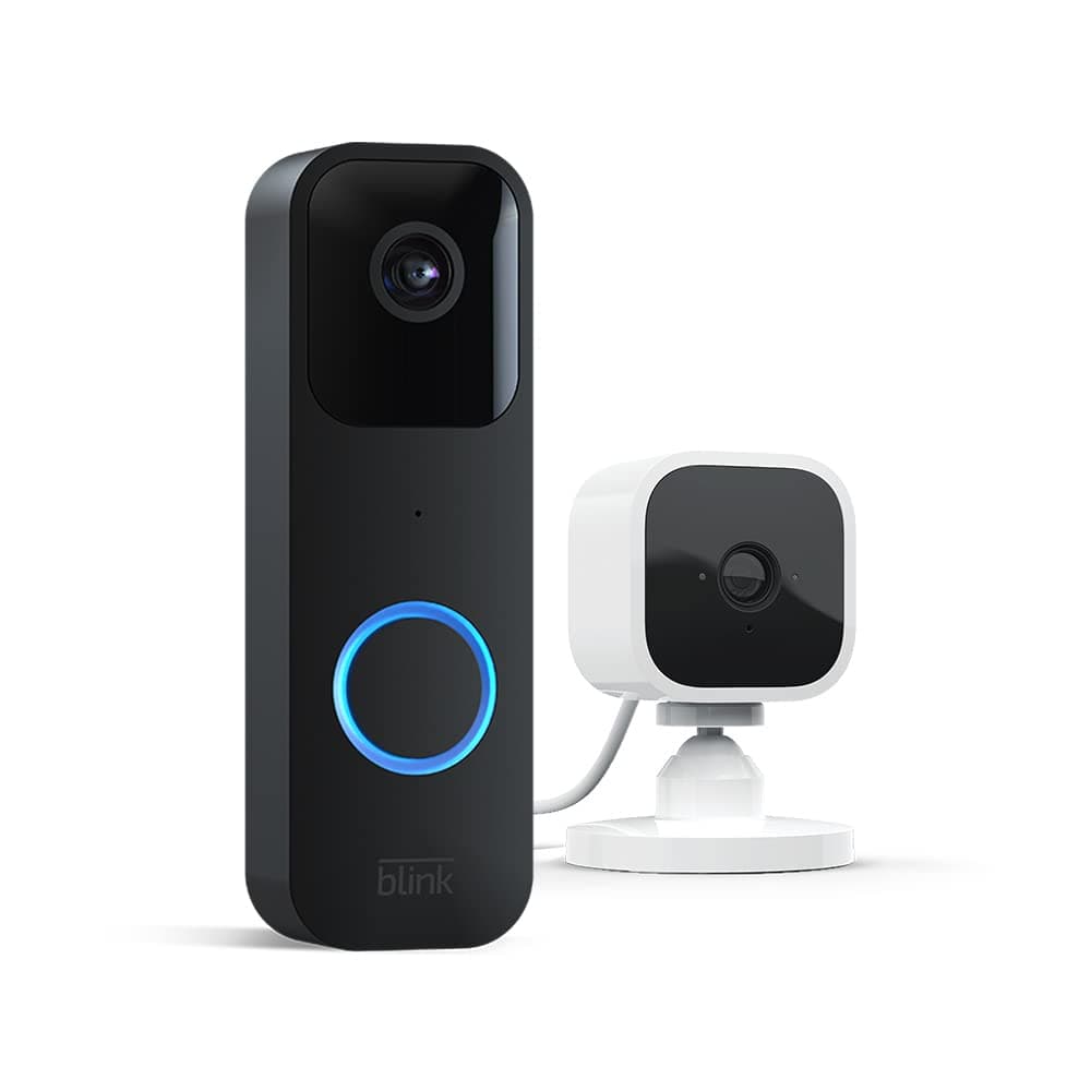 Campainha de vídeo Blink (campainha de vídeo) + Blink Mini (branco) | Áudio bidirecional, vídeo HD, bateria de longa duração, detecção de movimento, notificações de aplicativo de campainha, compatível com Alexa (preto)