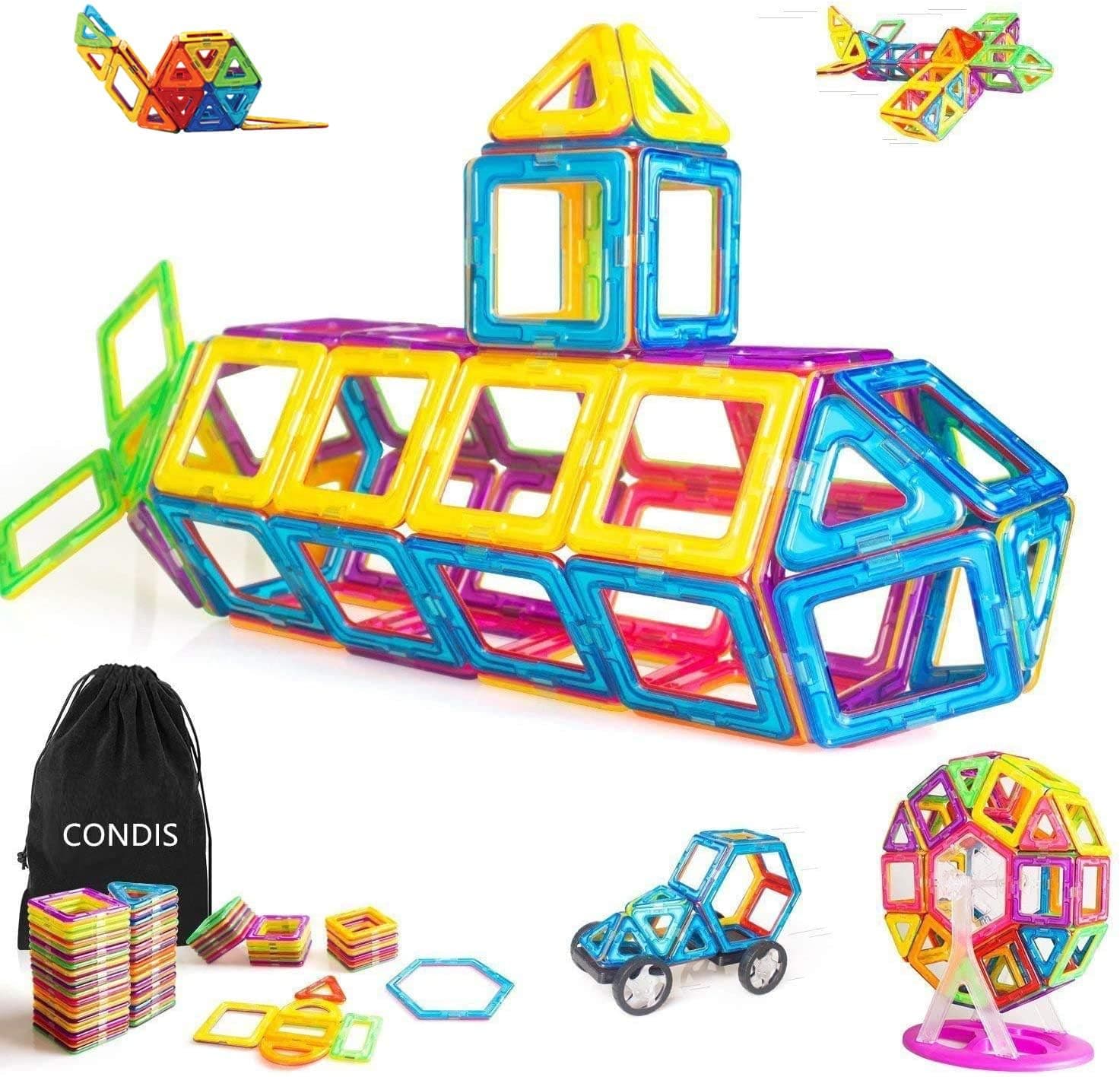 Condis Conjunto de 95 blocos de construção magnéticos para crianças, jogos de viagem, presentes de aniversário, brinquedos educativos, para meninos e meninas de 2, 3, 4, 5, 6, 7, 8 anos, infantil