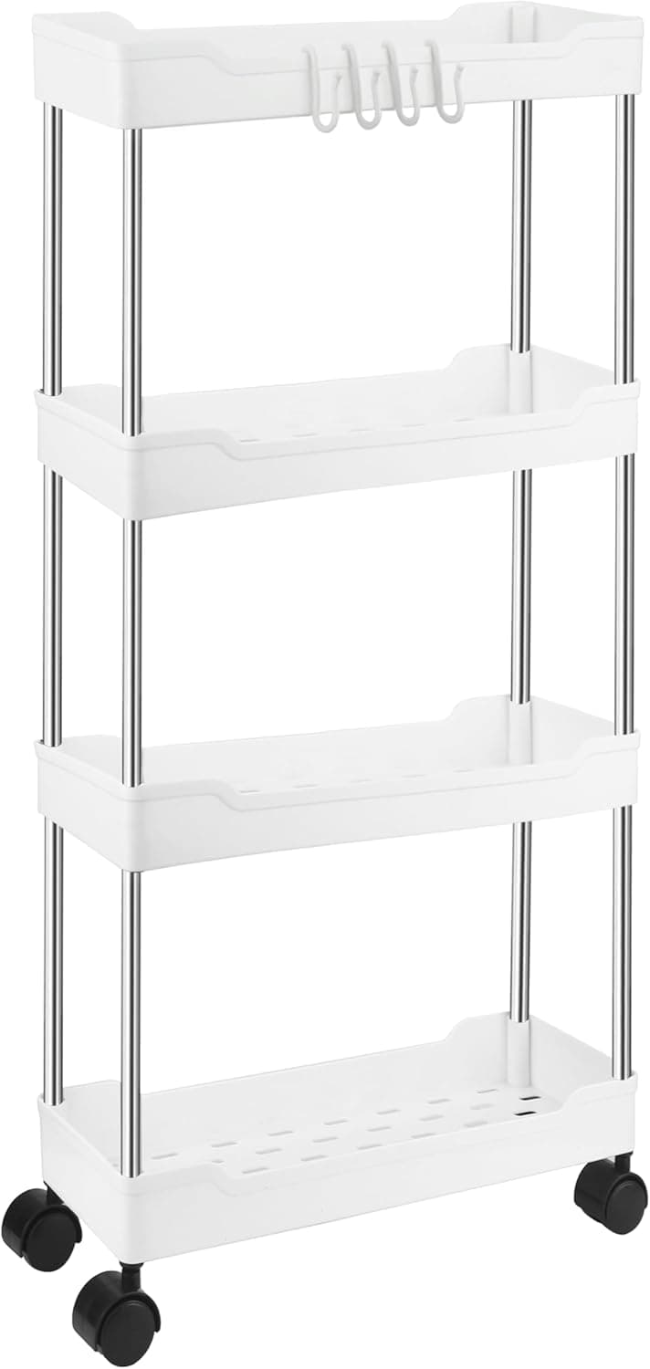 FUREINSTORE Carrinho estreito de armazenamento móvel de plástico com rodas, prateleira ideal para cozinha, casa de banho, escritório ou quarto, fácil montagem e transporte (branco, 4 níveis)