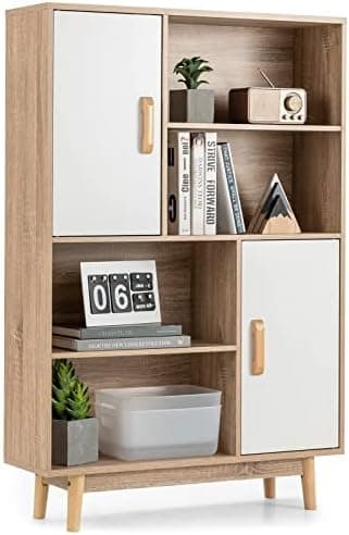 COSTWAY Prateleira de madeira, estante de pé com 2 portas e 4 prateleiras abertas, estante de madeira para estúdio, sala de estar, 80 x 24 x 120 cm (branco)