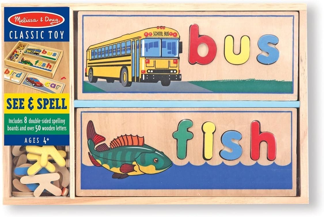 Melissa & Doug Brinquedo educativo de madeira para aprender inglês, brinquedo montessori, brinquedo para soletrar em inglês, presente para meninos e meninas de 3 4 5 6 7 8 anos
