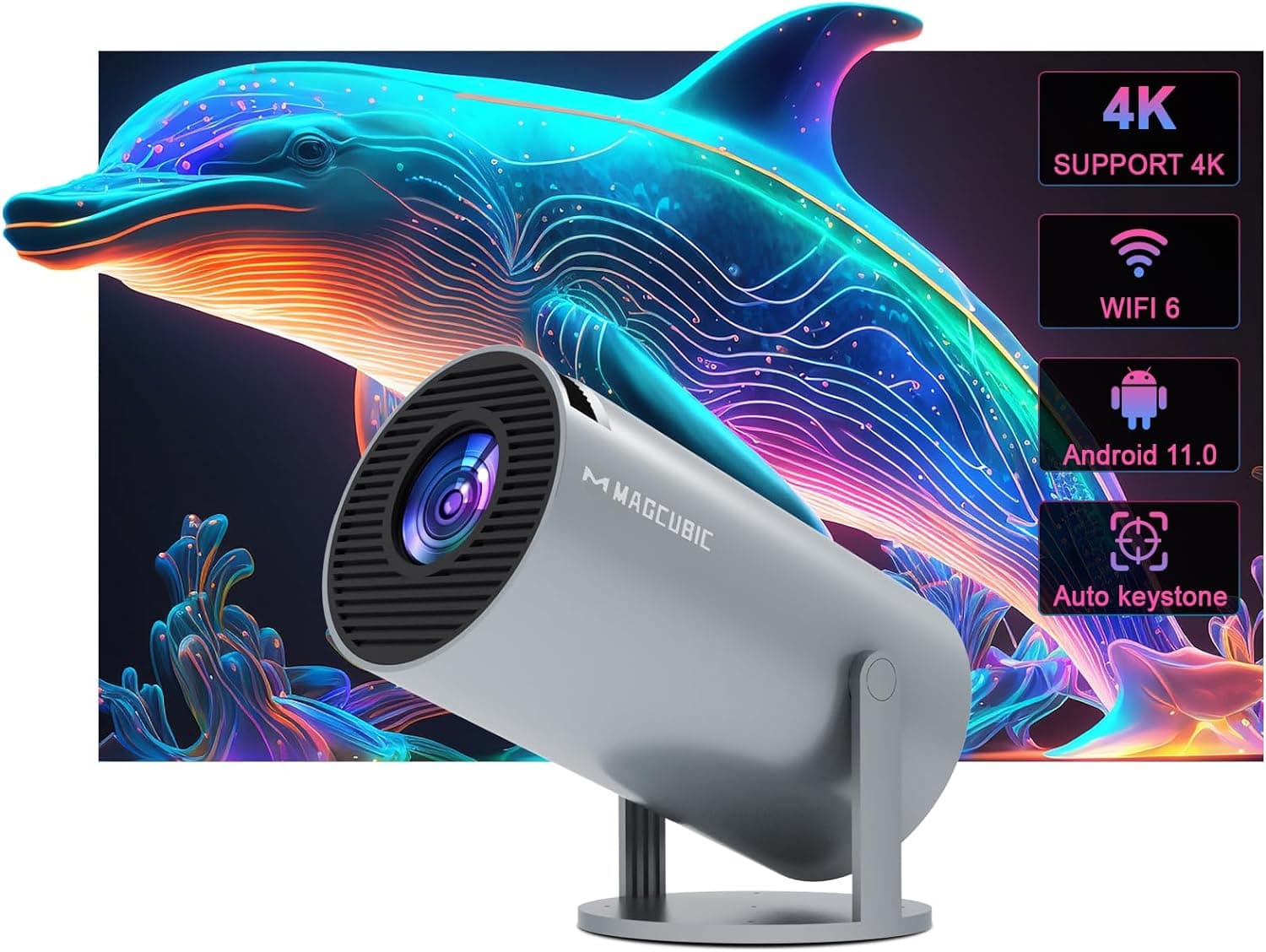 Cinzento Mini projetor portátil Auto Keystone, projetor inteligente 4K/200 ANSI com WiFi 6, BT 5.0, ecrã de 130 polegadas, rotação de 180 graus, sistema operativo Android integrado 11,0