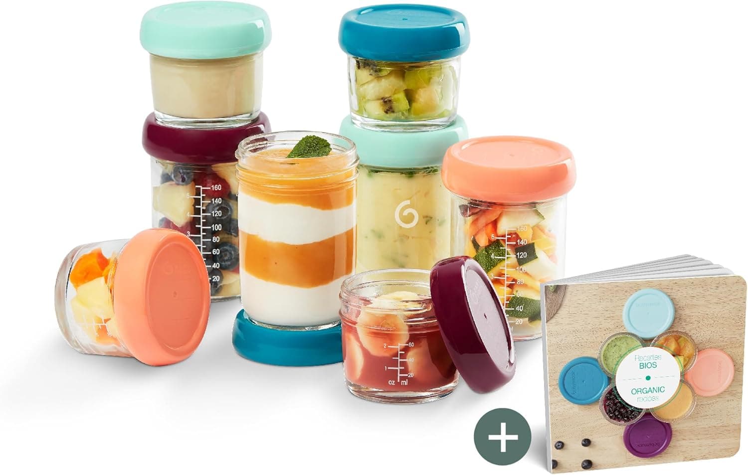Babymoov Babybols Glass | Conjunto de 8 frascos de vidro para conservação de alimentos infantis com tampas herméticas, 4x100 ml e 4x220 ml
