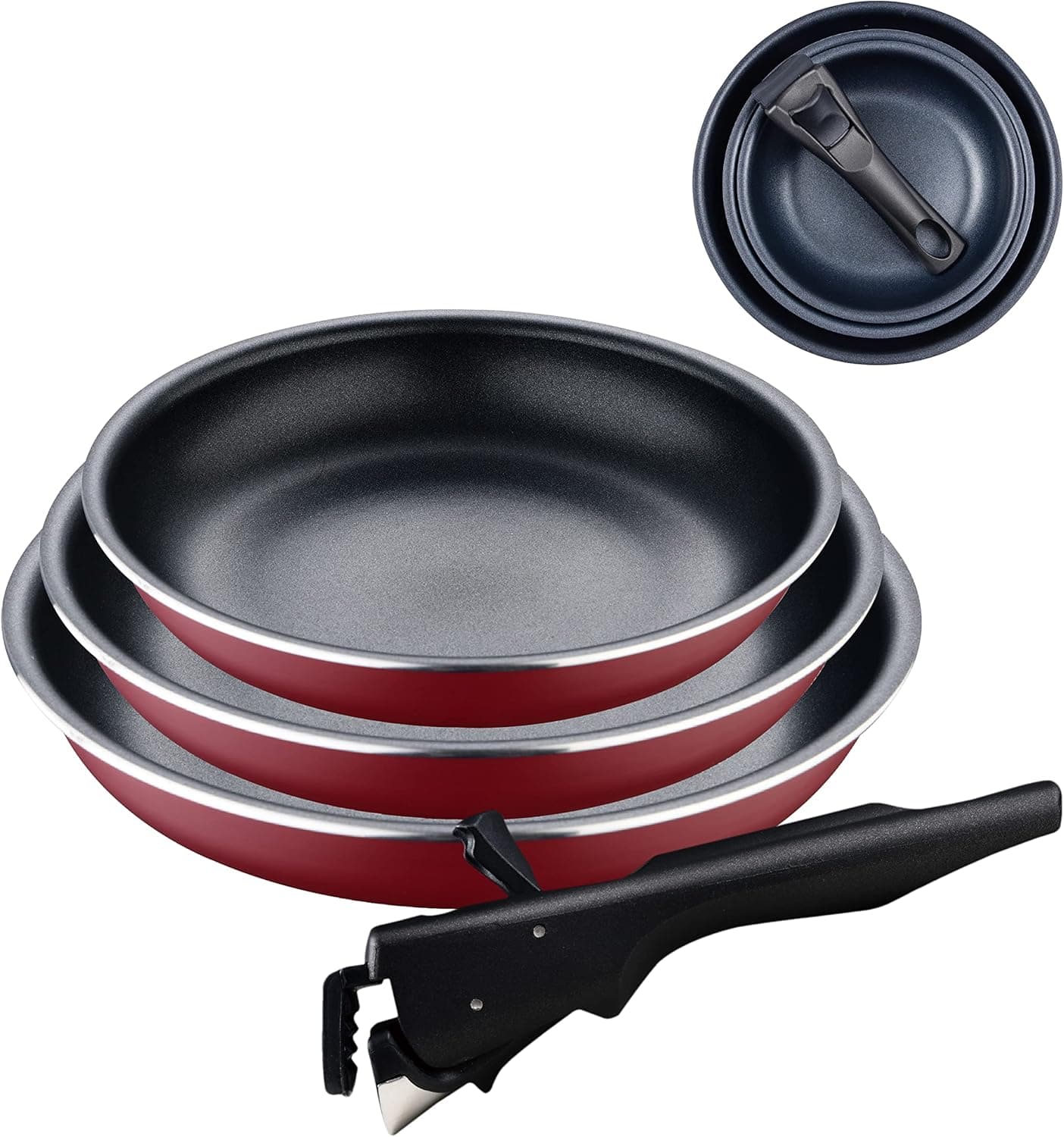 Bergner Red Edition Conjunto de frigideiras de 4 peças de 18, 20 e 24 cm cabo ergonómico removível, alumínio prensado e anti-aderente, para todos os tipos de cozinha e forno