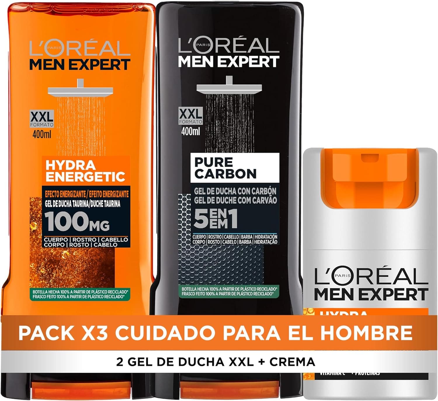 L'Oreal Paris Men Expert Pack de rotina para homem com creme hidratante anti-fadiga 24h Hydra Energetic, gel de duche Hydra Energetic, gel de duche puro carbono multiação 5 em 1
