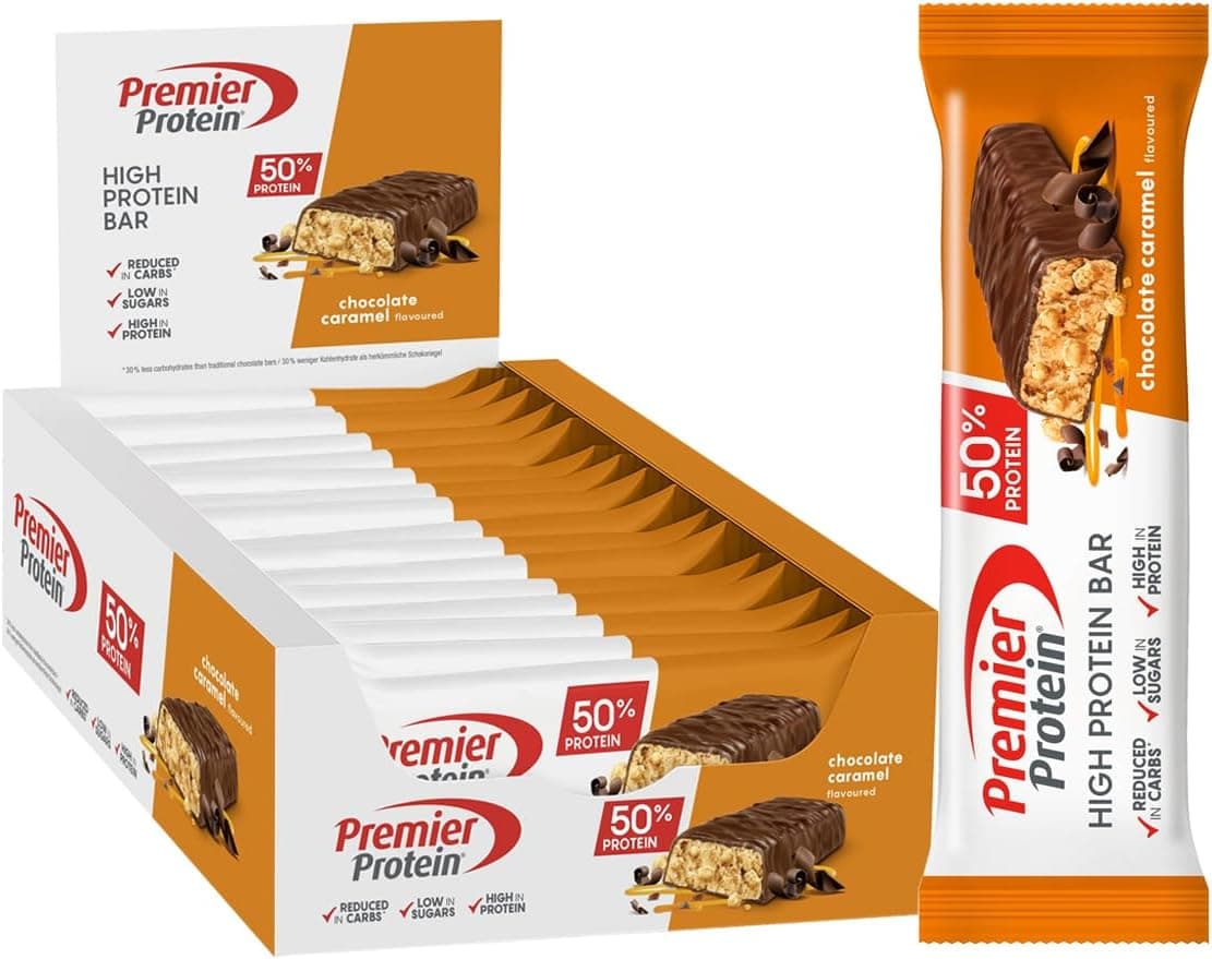 Premier Protein High Protein Bar chocolate caramelo 16 x 40 g - alto teor de proteínas sem óleo de palma