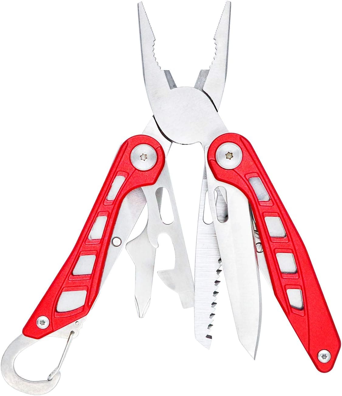 Amazon Basics - Ferramenta multiúsos de aço inoxidável 8 em 1, com bloqueio de segurança e capa de nylon, vermelho